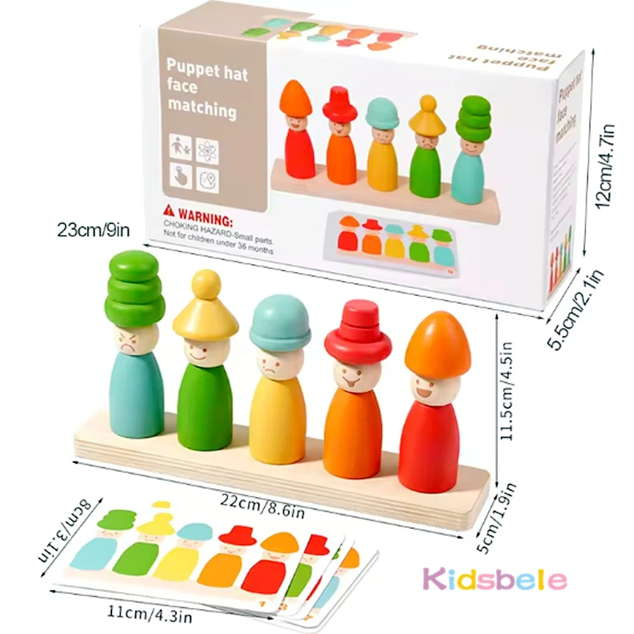 Wooden Puppet Shape Color Matching Game Montessori Learning Toy Puppet Hat Face Match Creative Stacking Desktop Toy for Toddler