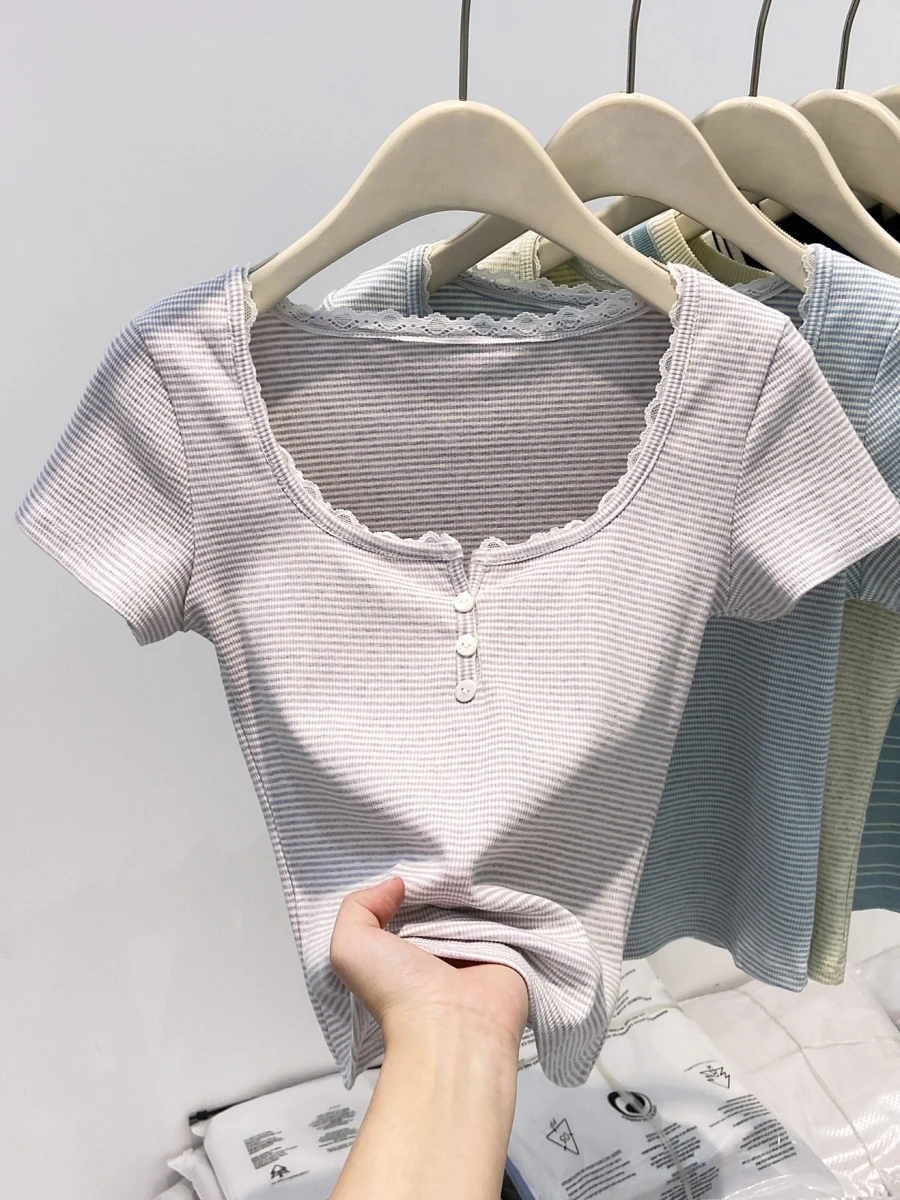

Pure Desire Lace Splice Square Collar Striped ort Sve T-irt Women's Slim Fit Summer New Sle Small Top Sweet Sle