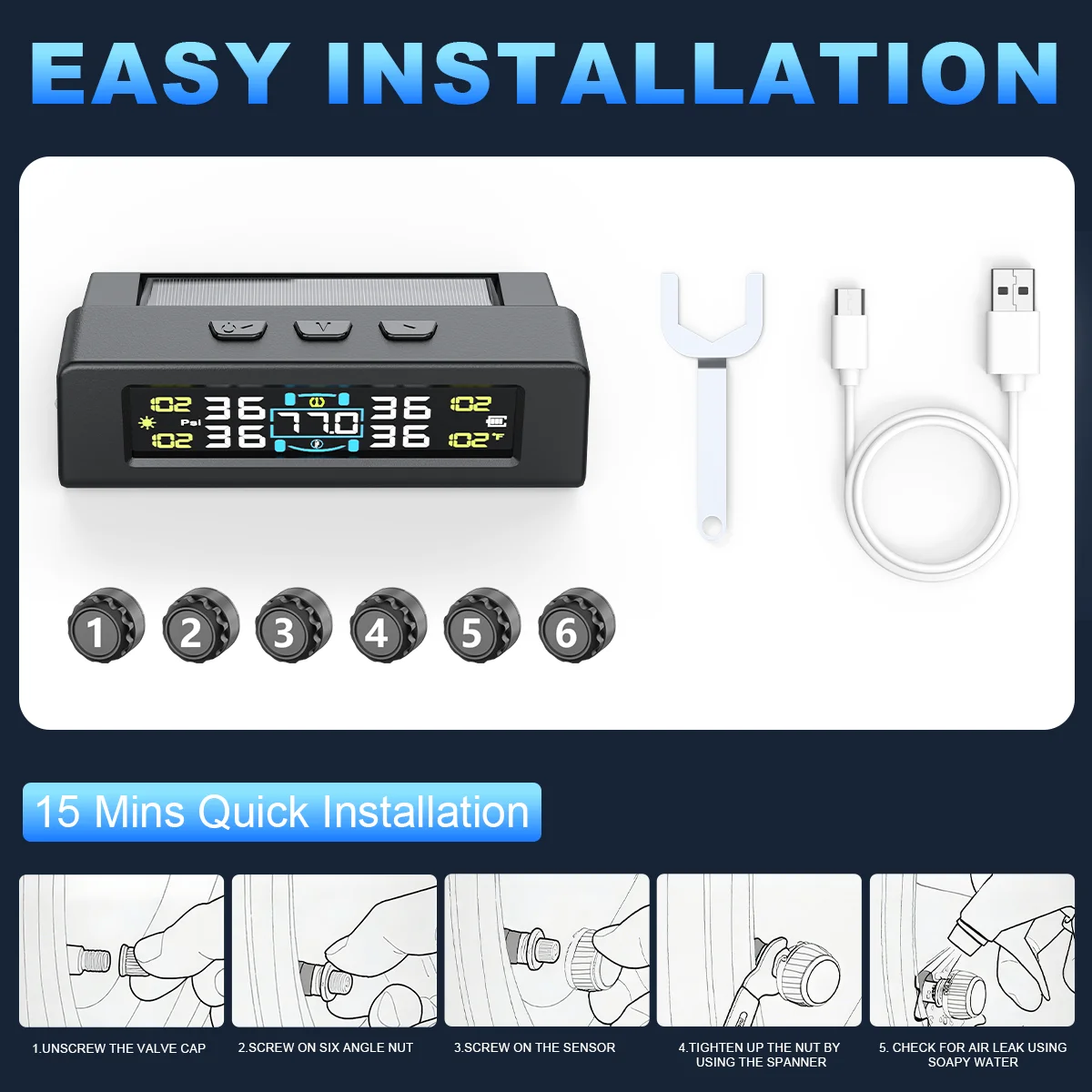 Solar TPMS Car Tire Pressure Alarm Digital Colorful Display 6 External Sensors Waterproof Tire Pressure Temperature Warning