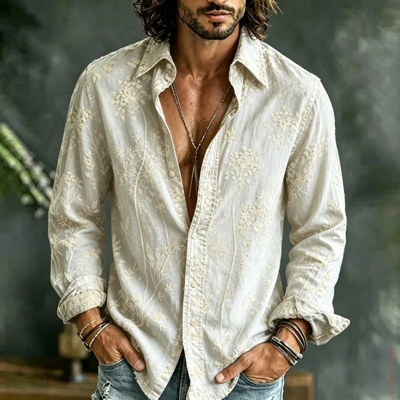 Men's long sleeved shirt with dandelion print, versatile for daily commuting and gatherings, comfortable and casual loose top
