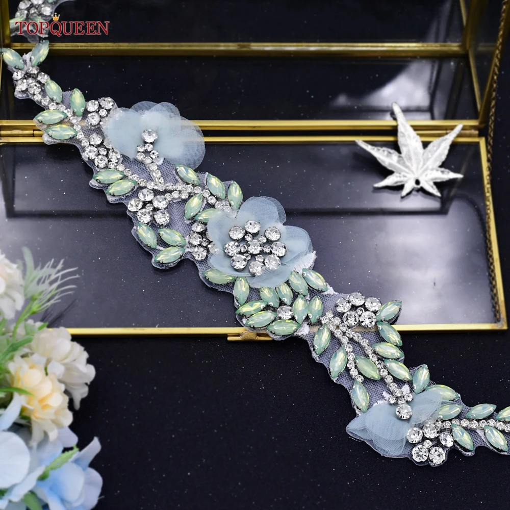 TOPQUEEN Vintage Floral Wedding Belt Emerald Maternity Sash Rhinestones Flower Girdles For Bridal Dress Gown Applique S419-G