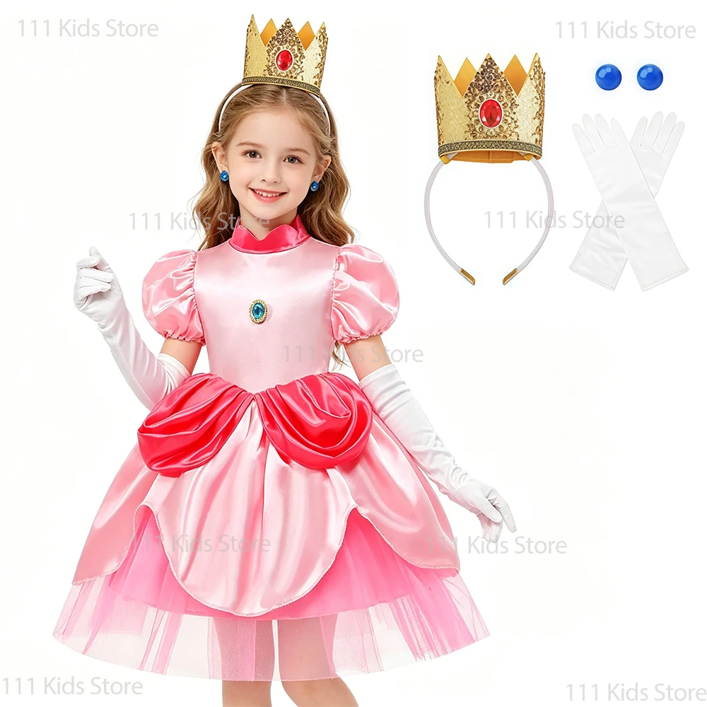 Pink Summer Dress Girls Princess Peach Cosplay Dress with Accessory Children Performance Role-play Costume Birthday Gift Clothes
