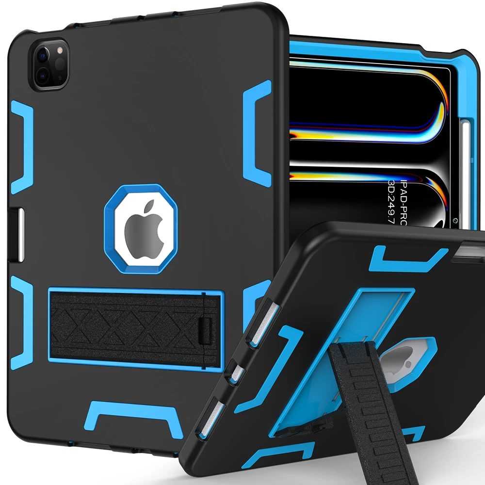 

For iPad Pro 11 (2024) Case Silicone + PC Kickstand Tablet Cover with Pencil Holder - Black / Sky Blue