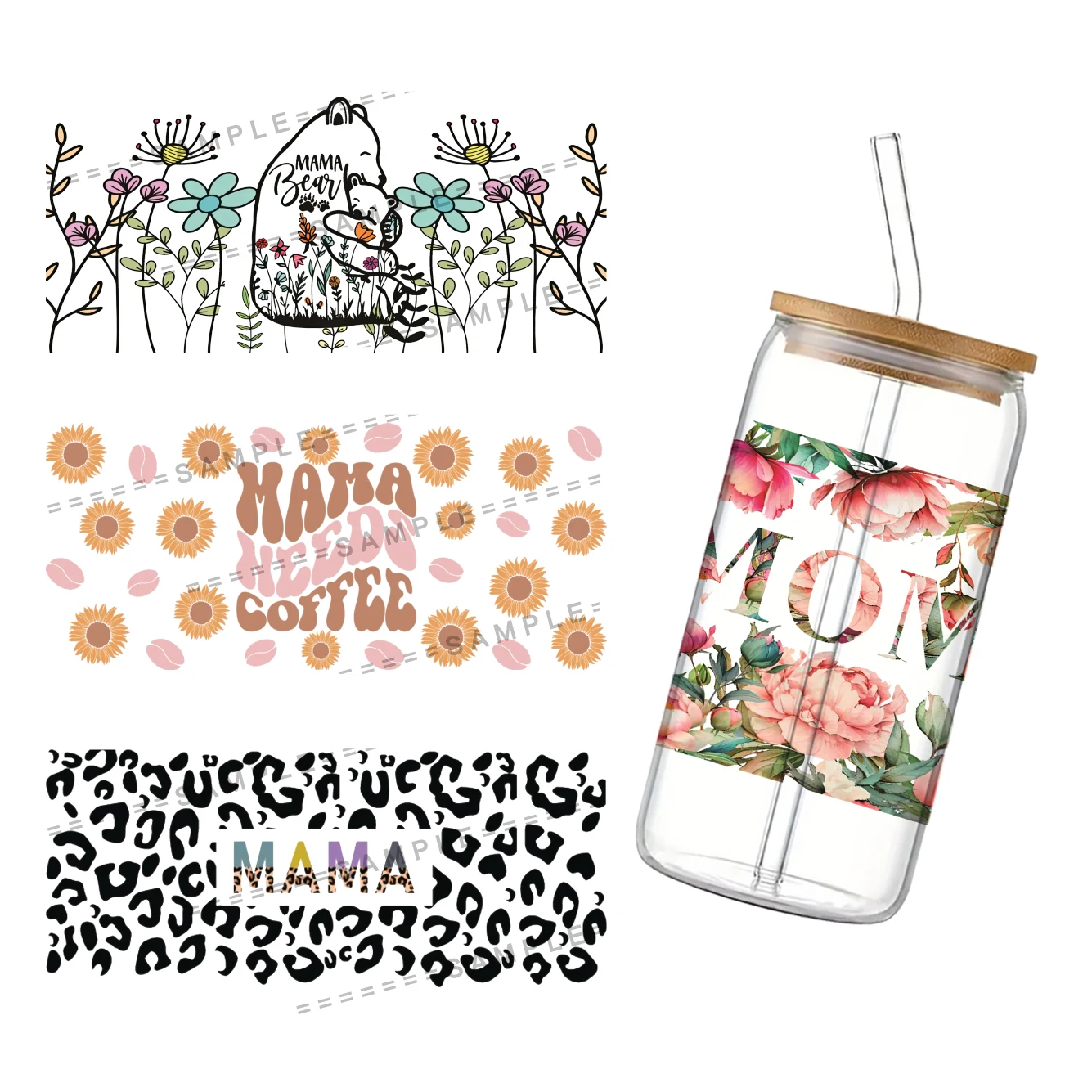 Happy Mother's Day UV DTF Cup Wrap for 16Oz Libbey Glass Can DIY Transfer Sticker