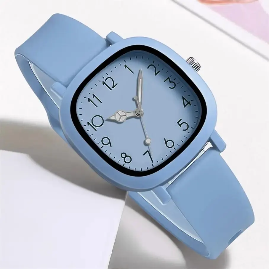 Fashion Classic Simple Square Color Matching Digital Literal Silicone Strap Female Watch