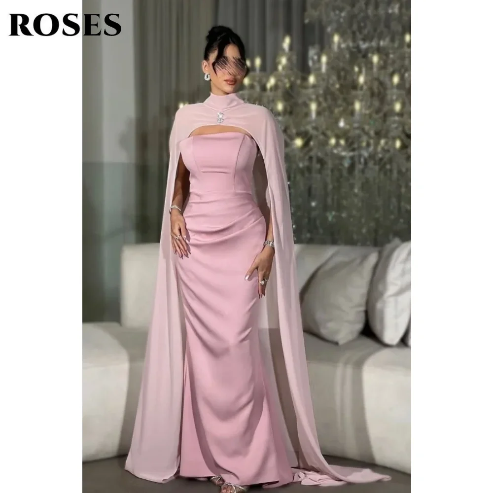 ローズピンクの染み込みフォーマルドレス、プリーツとサテンのパーティー用ドレス、フォーマルイベント用のカスタムメイドのトランペットプロムガウン