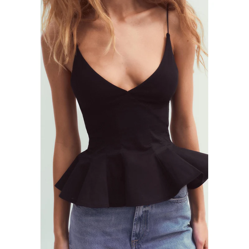 เสื้อกล้ามผ้าไหมผสมแฟชั่นฤดูร้อนสำหรับผู้หญิง พร้อมกระโปรงชายระบาย สายเดี่ยว คอวี ทรงเข้ารูป ใส่ได้หลากหลาย