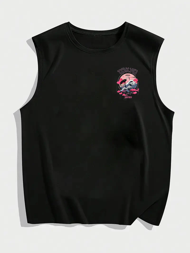 100% pure cotton men's summer fashionable casual sports fitness loose Tokyo casual pattern printed round neck sleeveless vest