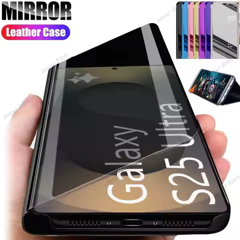 Luxury Mirror Flip Cases For Samsung Galaxy S25 Ultra S24 S23 S22 S21 S20 Plus Fe Note 20 Ultra Shockproof Leather Texture Cover