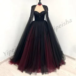 Luxurry Black and Burgundy Wedding Dress with Detachable Tulle Skirt Beading Rhinestone Vestido De Noiva Gothic Bridal Gown