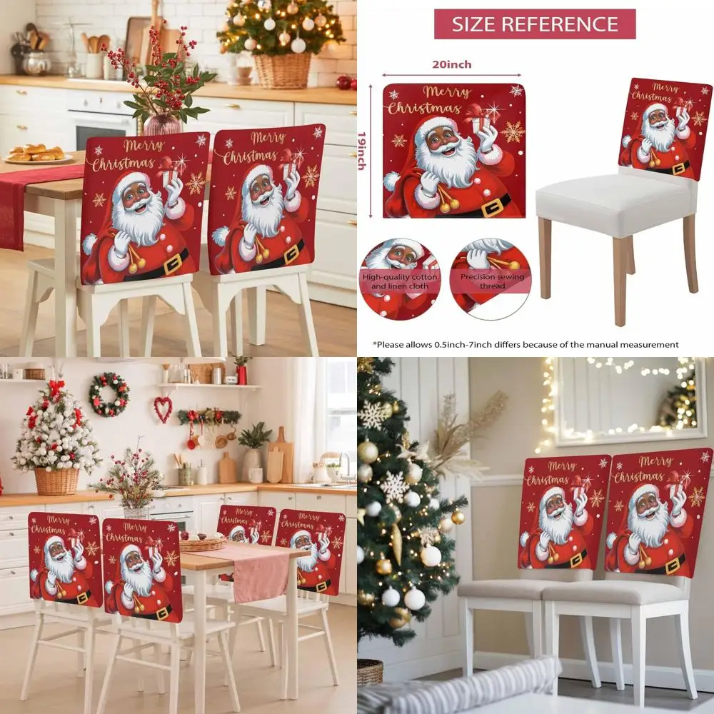 

Set of 4 Black Santa Xmas Snowflake Gold Red Washable Removable Chair Covers for Dining, Hotel, Party, Holiday Decor
