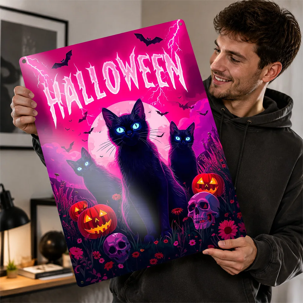Halloween Cats With Pumpkins and Skulls Metal Poster Perfect Gift for Fans Lovers Personalized Wall Art Metal Sign for Wand Deko