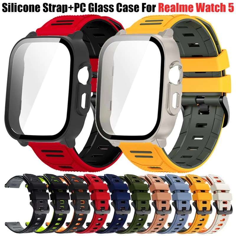 Breathable Silicone Strap+PC Glass Case For Realme Watch 5 Sport 2 IN 1 Bracelet Screen Protector For Realme Watch 5 Correa