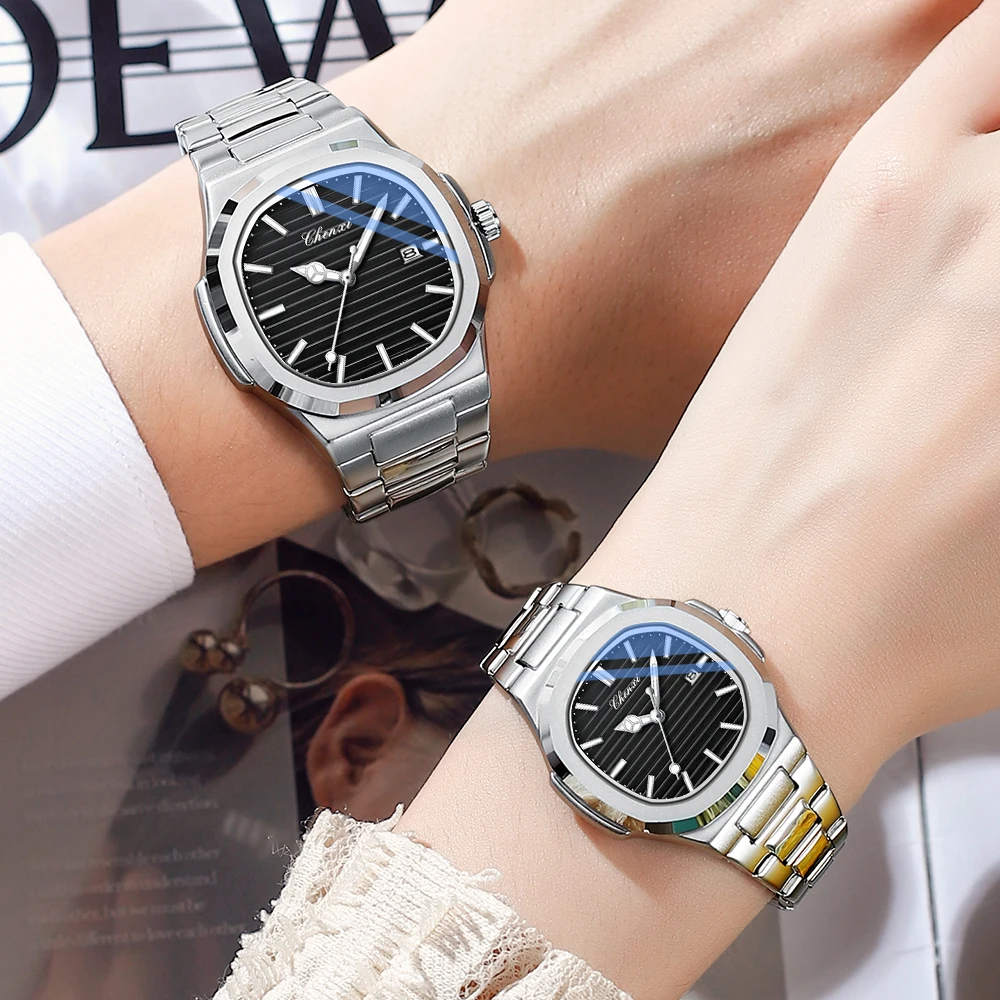 CHENXI أعلى الفاخرة مربع زوجين ساعة المعصم عالية الجودة الكوارتز مطابقة الساعات الفولاذ المقاوم للصدأ حزام للماء الرجال ووتش #4
