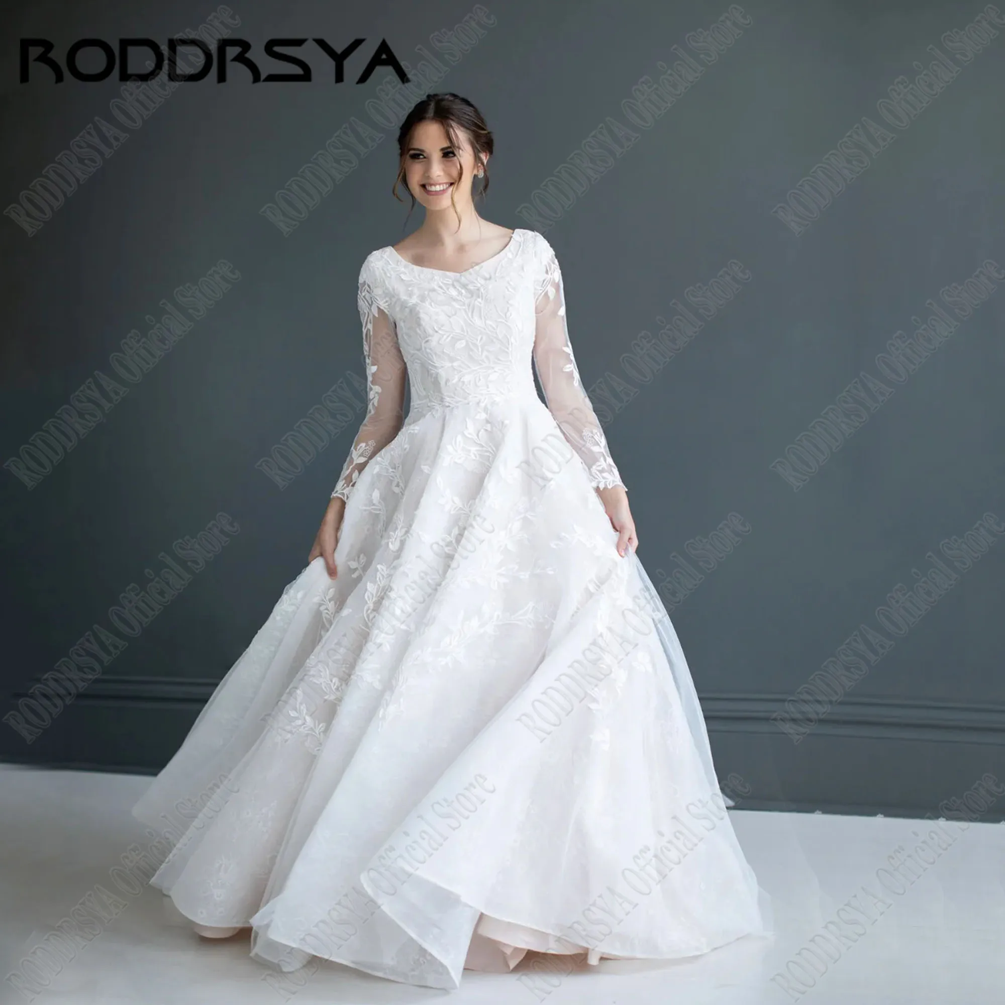 RODDRSYA Muslim Tulle Wedding Dress Long Sleeve Applique Lace Bride Gown For Women Customized Sweep Train vestidos de novia boda