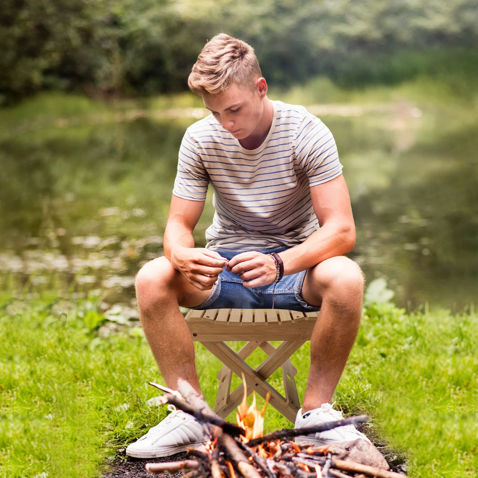 

Bamboo Folding Stool Portable Fishing Chair for Outdoor Camping Hiking Lightweight Strong Foldable Stool Home Kitchen Garden