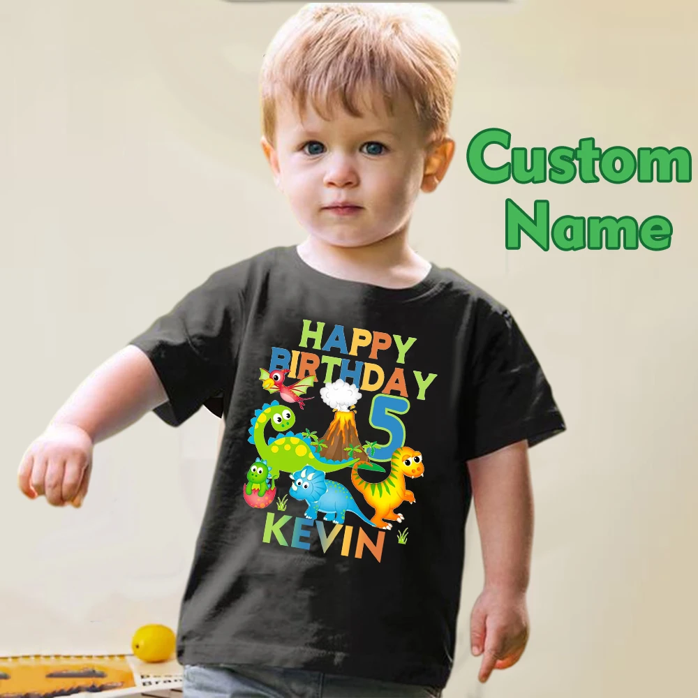 Personalized Custom Name Kids Birthday Number 2-9 Cartoon Dinosaur T Shirt Children Happy Birthday Fashion Boys Girls Tees Gifts