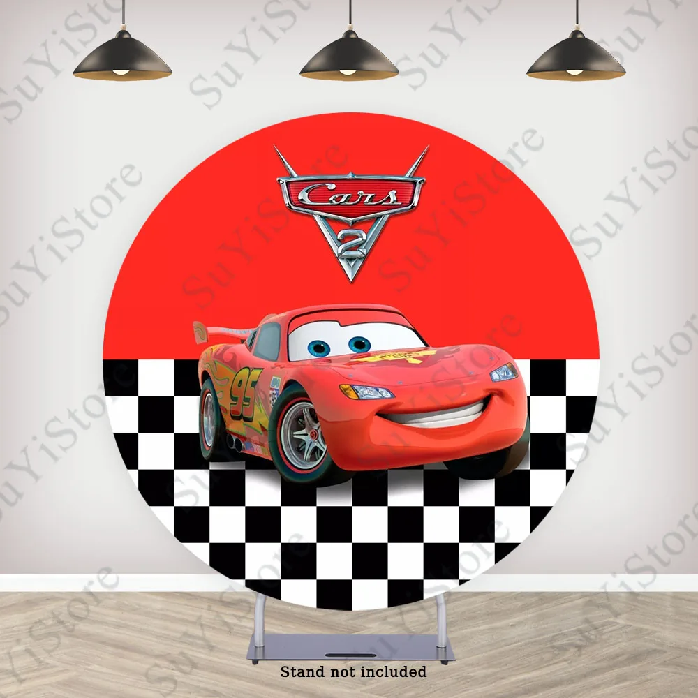 Disney Cars McQueen Round Backdrop Cover For Boys Birthday Party Baby Shower Circle Photo Background Booth Cylinder Covers