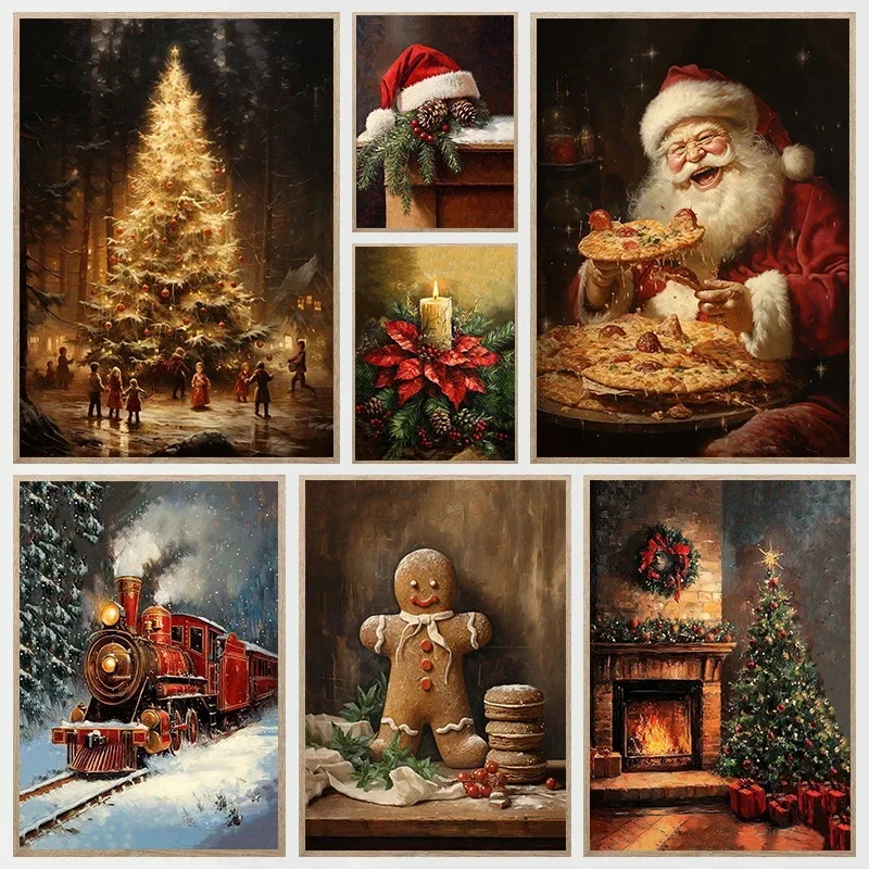 Multiple sizes 1pc frameless Canvas Painting,Vintage Winter Christmas Gingerbread Santa Christmas Tree Posters Prints Canvas Pai