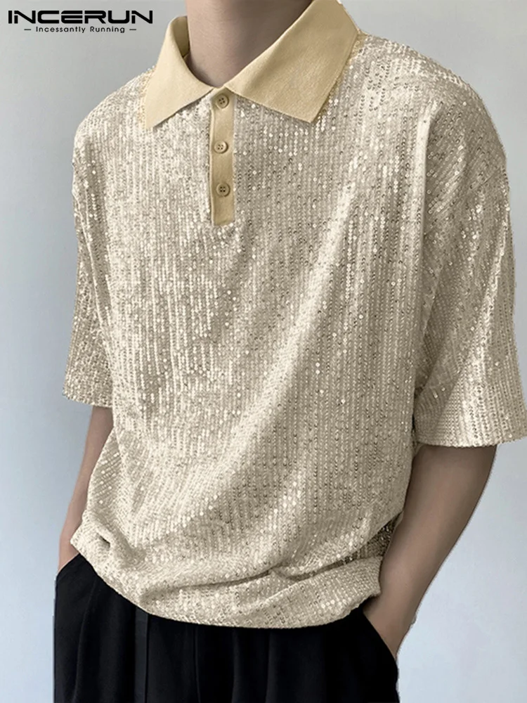 

Casual Simple Style Tops INCERUN New Men's Lapel Sequin Blouse Stylish Male Party Hot Sale Short Sleeve Button Shirts S-5XL 2023