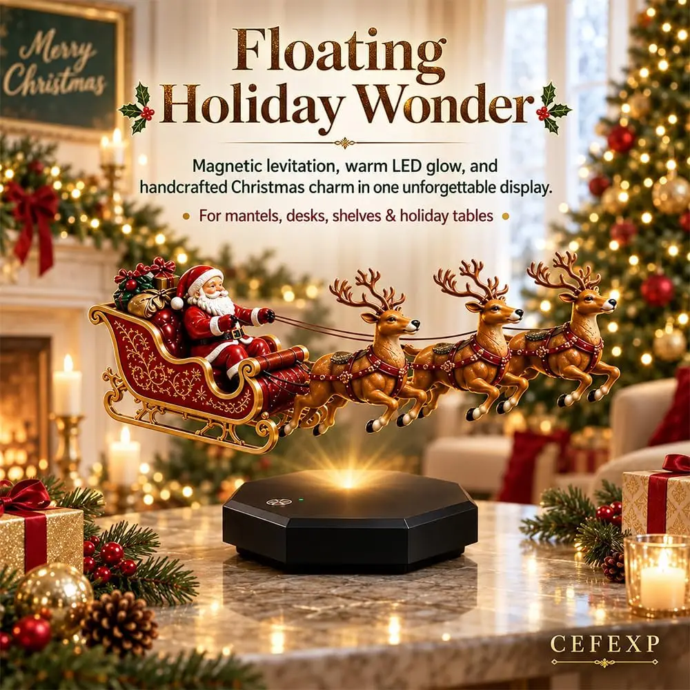 Floating Santa Sleigh,Magnetic Levitation Santa's Flying Sleigh Ornament,Christmas Display with Warm LED Lighting, Home Holiday