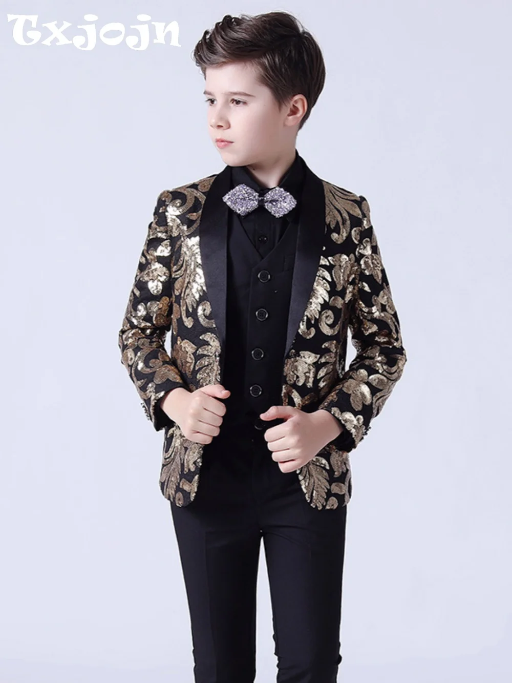 Golden Sequins Kids Suit Set 4 Pieces Wedding Ring Bearer Outfit Luxurious Shawl Lapel Boys Slim Fit Suits For Stage Performance