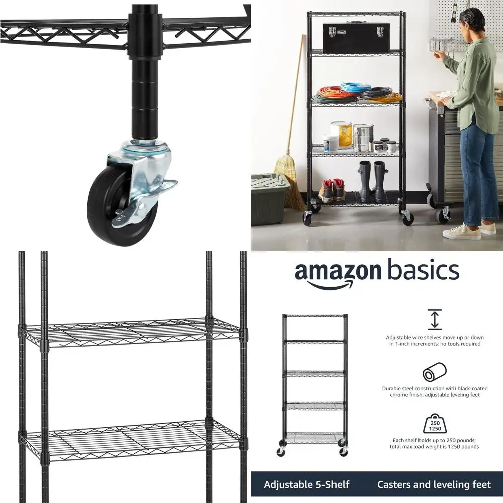 

Сверхмощный регулируемый металлический стеллаж для хранения с 5 полками на 4 роликах, 30 л x 14 В x 64,75 В, черный