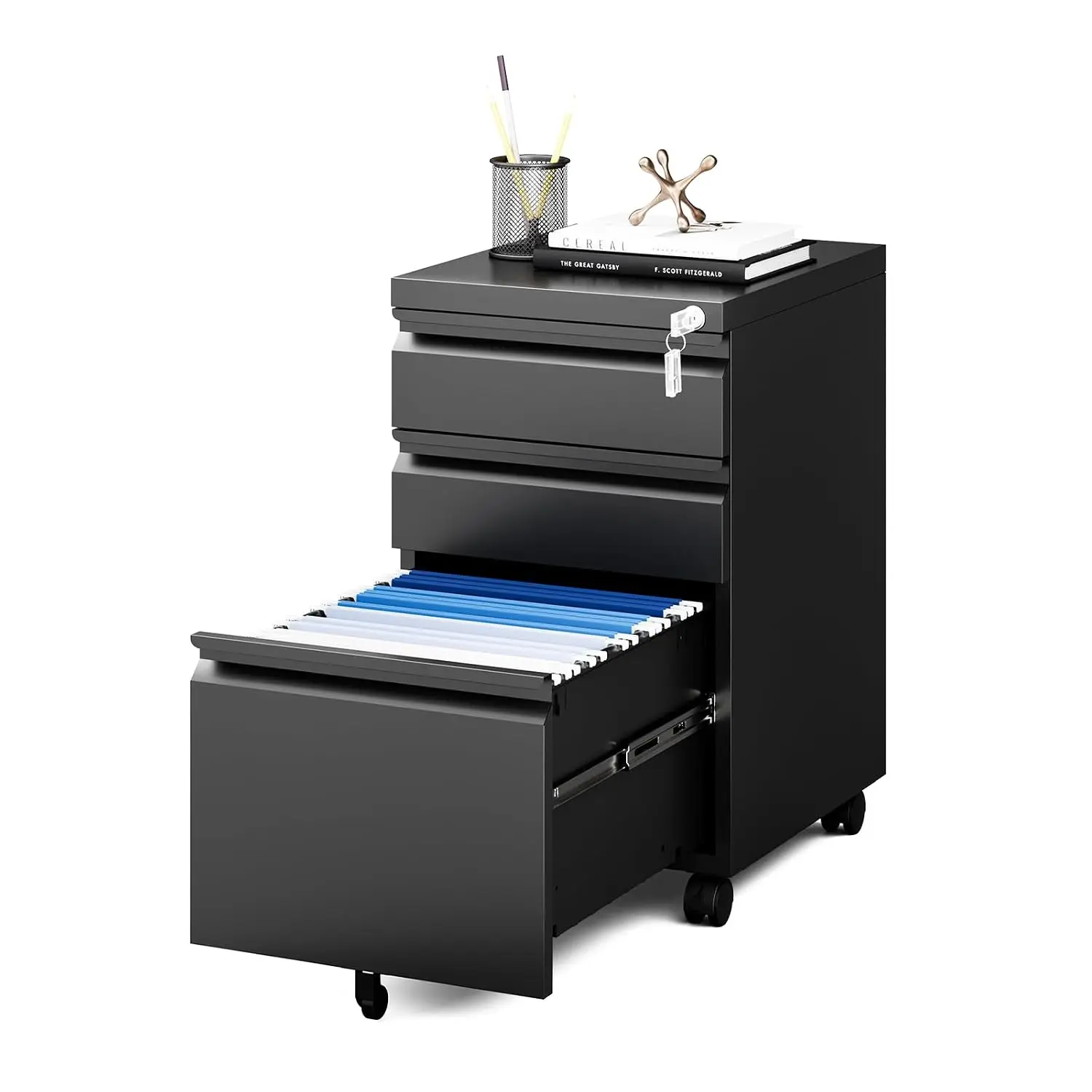 File Cabinet 3 Drawers on Wheels Under Desk, Black Metal Rolling File Cabinets with Lock for Home Office,, Customized