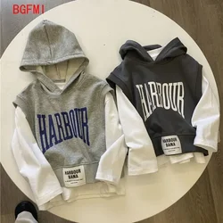 100-150cm Teens Boys Autumn 2023 New Baby Fashionable Letter Sweater +Hooded Vest Two Piece Children's Spring Autumn Sweater Set