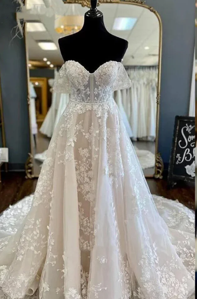 

Flavinke Customized Off The Shoulder Wedding Dresses Lace Appliques Sweep Train A Line Bridal Gowns vestido de noiva de mariée