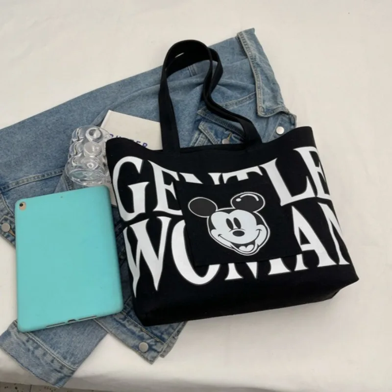 Bolsa de ombro do mickey mouse, lona de desenho animado, grande capacidade, preta, resistente a manchas, versátil, portátil, moda, sacola de compras