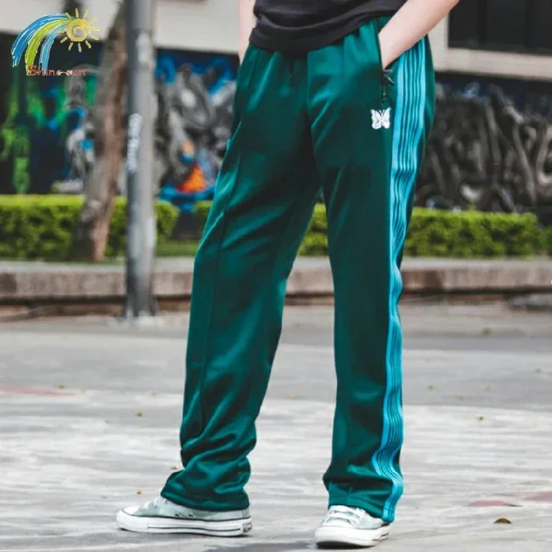 Harajuku Men Clothing Green Sweatpants Pants Zipper Pocket Blue Side Webbing Striped Trousers