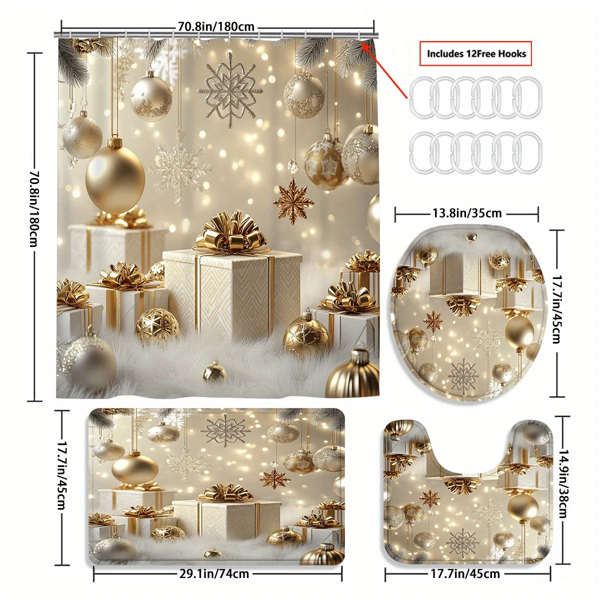 4PCS Christmas Golden Gift Box Shower Set – Winter Multicolor Print 12 Hooks Non-Slip Mat U-Seat Cover Holiday Decor