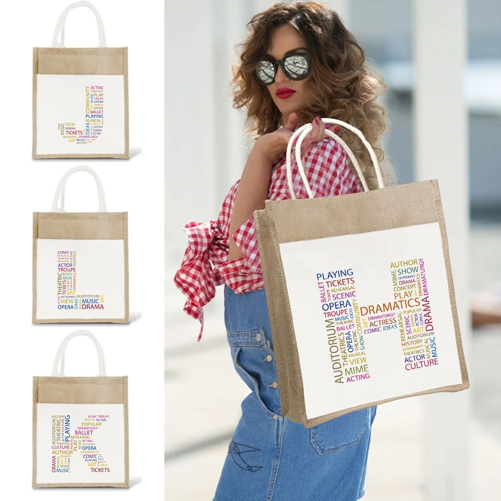 

Leisure Grocery Bags Vintage Shoulder Bag Reusable Linen Handbag Lightweight Simplicity Shopping Bag Text Series