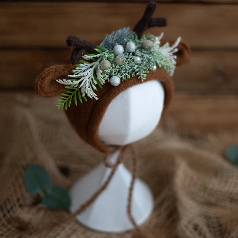 Vintage Baby Floral Hat Wool Felt Newborn Girl Deer Flower Bonnet Photography Props Cute Girl Baby Photography Accessories