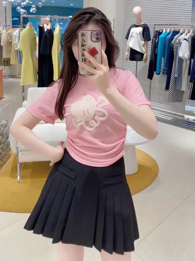 

Sweet Simple Casual Korean Sle Heart aped Pleated Waist T-irt Women's ort Sve round Ne Top for Autumn