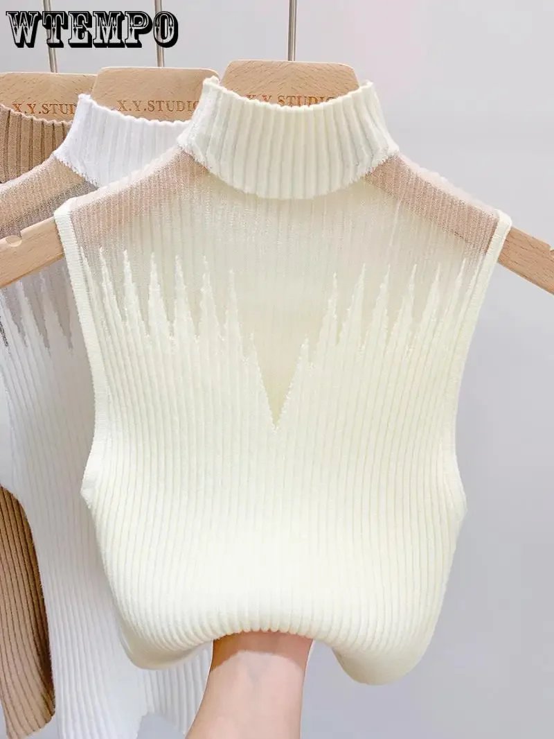 WTEMPO Women Slim Knitted Vests Summer Female Sheer Turtleneck Sleeveless Solid Stretch Camis Tank Tops