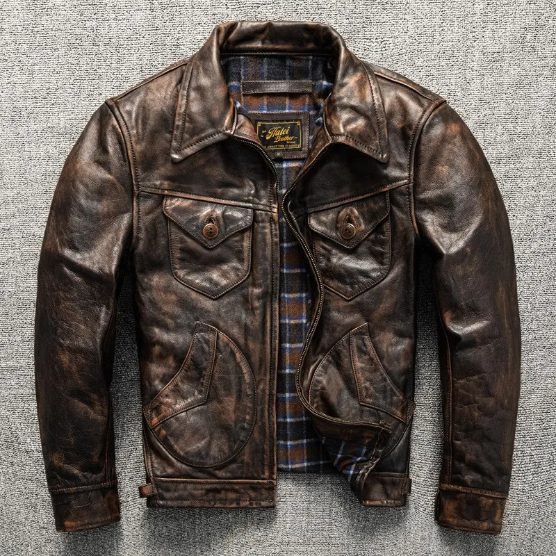 

Full-grain top layer cowhide color-coated men's lapel motorcycle leather