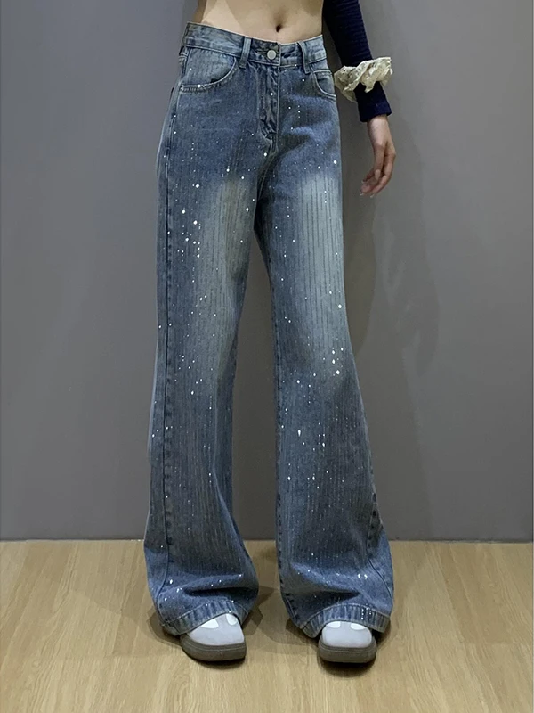 Thiened Fce cintura baixa pesada Du jeans feminino brilhante diamante embelezado solto ajuste quente outono inverno calças jeans