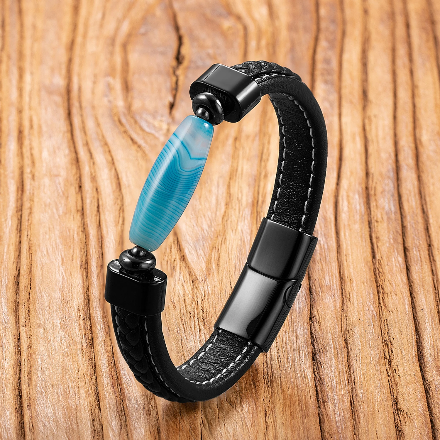 Charm Man Natural Water Drop Agate Stone Bracelet Black Weave Leather Bracelets Chain Men Women Jewelry Gift