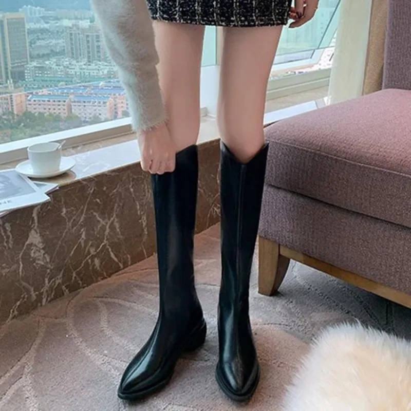 Shoes for Women Biker Black Long Pointed Toe Winter Knee High Shaft Footwear Ladies Boots Work Gothic Chic and Elegant Cosplay