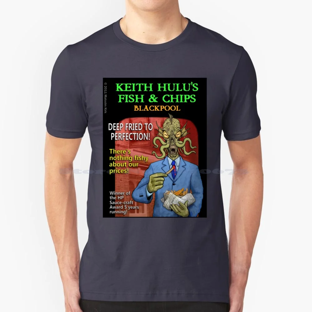 Keith Hulu's Fish & Chips T Shirt 100% Cotton Tee Keith Cthulu Cthulhu Creature From The Black Lagoon Fish And Chips Blackpool