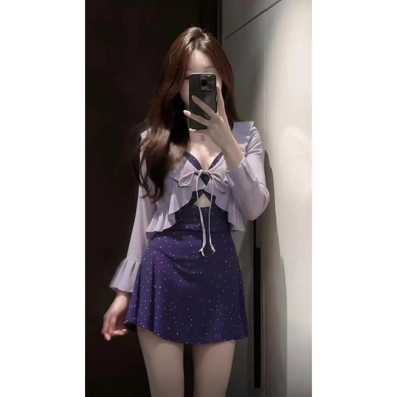 

Conservative V-ne Dr-sle One-piece Long Sve Thermal Spa Swimsuit Women's Casual Swimwear Belly Covering Bathing Suit