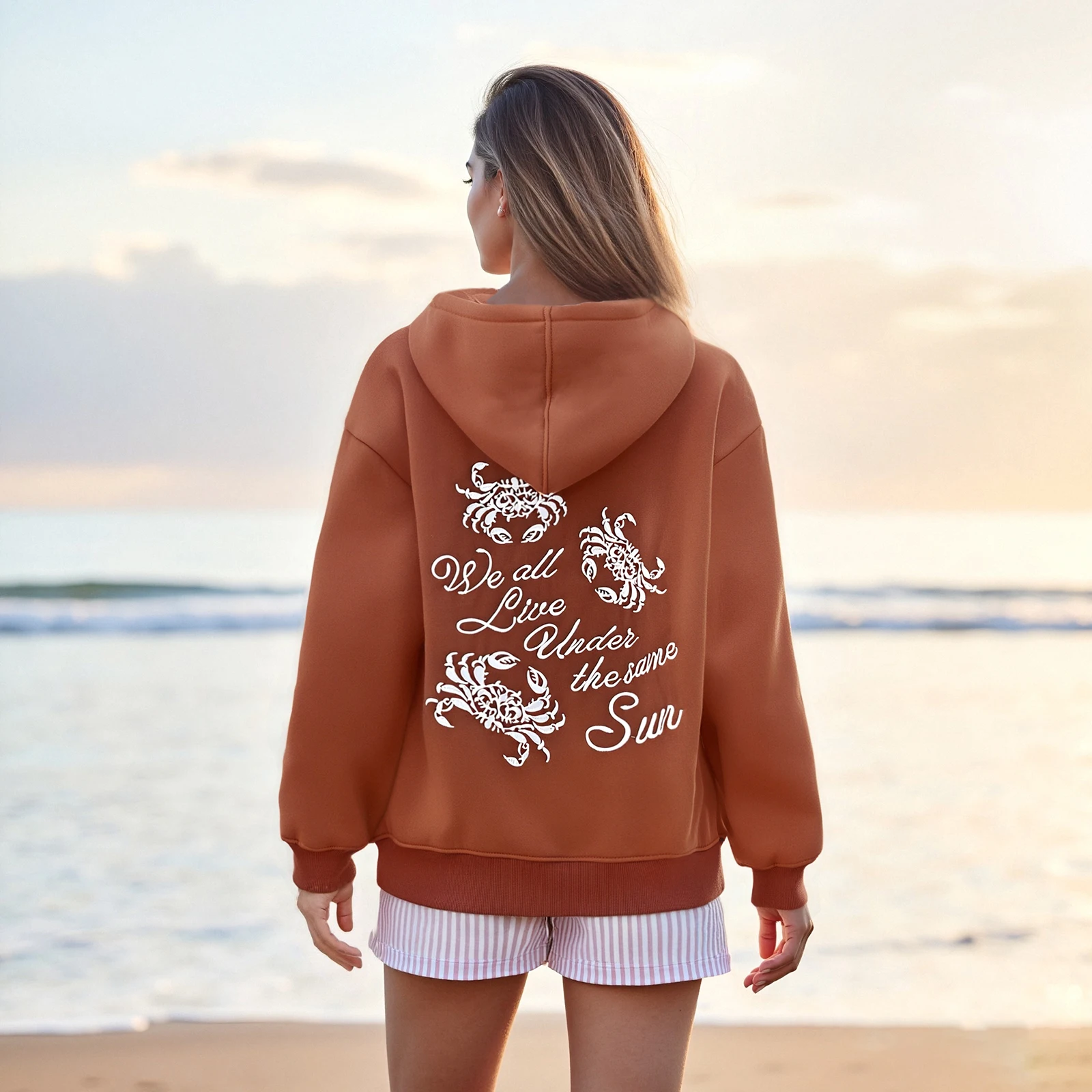 Fall Winter Casual Women's Fashion Loose Hoodies Letter Sea Elements Embroidered Hooded Long Sleeve Sweatshirts Pullovers Tops