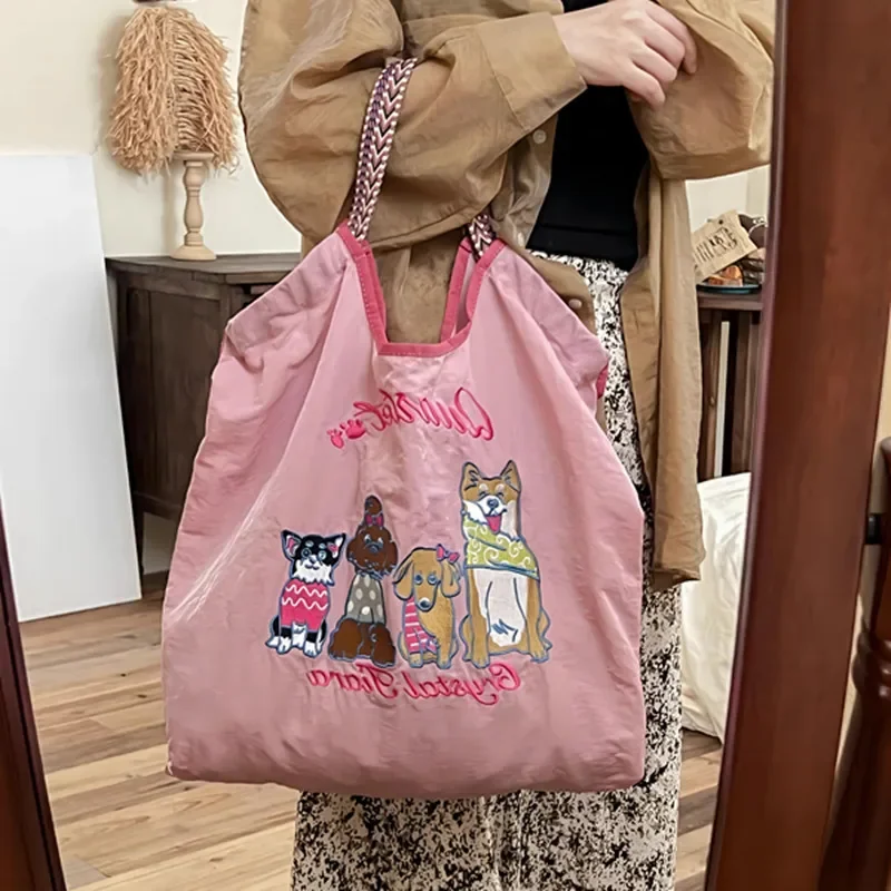 Bolsa de ombro bonito do bordado do gato para mulheres, sacolas Eco do cão dos desenhos animados, Bolsas Overlarge Shopper, bolsa de cordão, novo designer