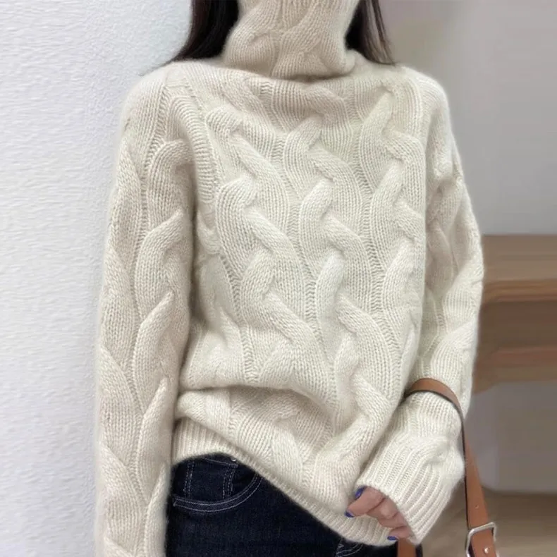 Elegant Cashmere Sueter  New 100% Cashmere Sweater Women\'s Cable-Knit Turtleneck Loose Thickened Jumper Cardigan Winter Tops