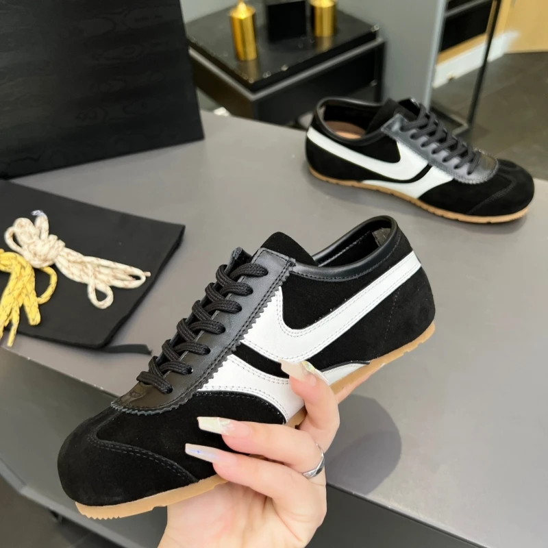 

New Retro Genuine Leather Flatfoot Couples' German Training Shoes Colorblock Round-Toe Casual Sporty Board Shoes Agon Shoes
