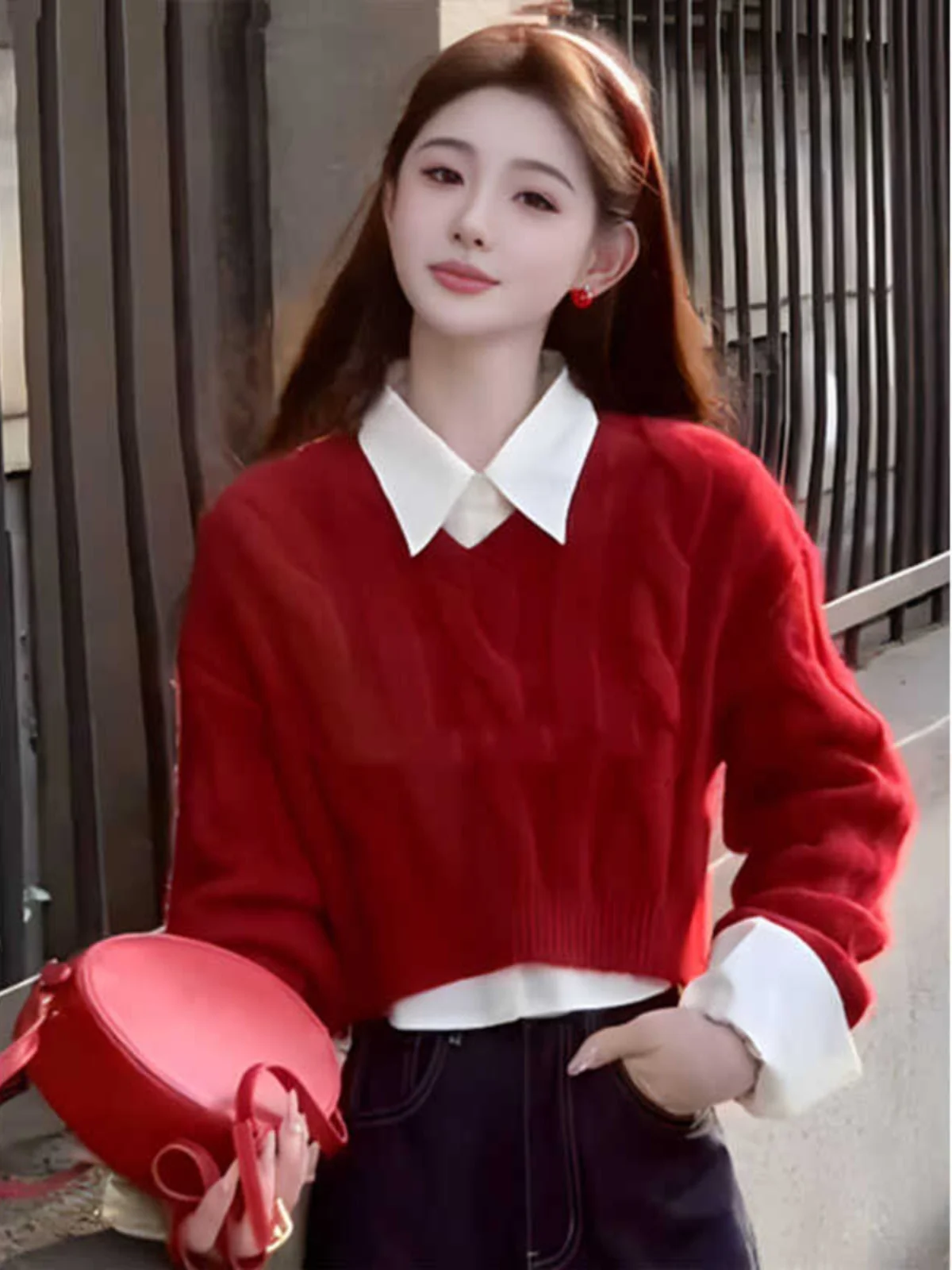 Red Knitted Sweater Women's ort Sve Long Sve Autumn Winter New Sle Faionable High-End Feeling Two-Piece Set Design
