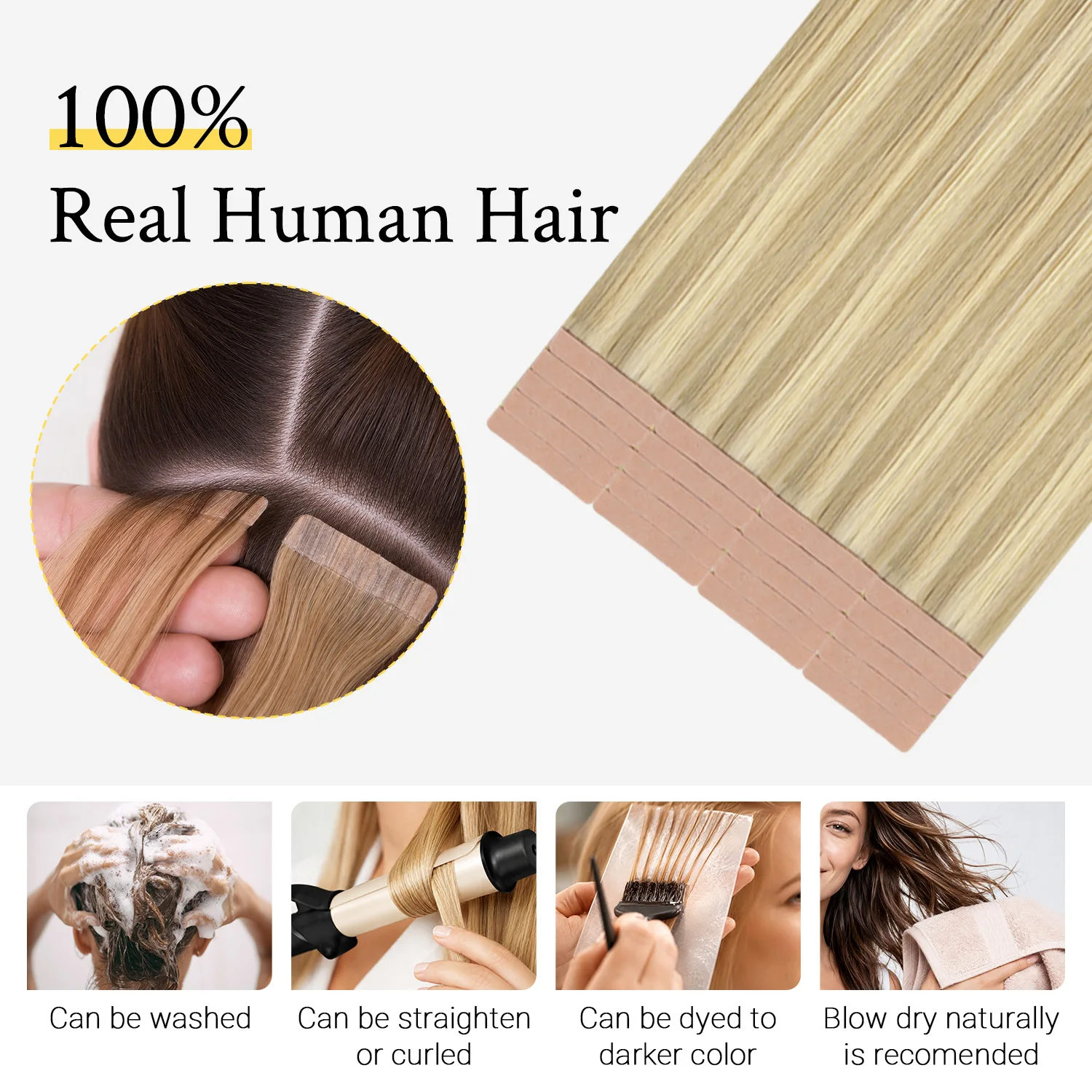 Sunmofavo Tape In Hair Extensions 100% Remy Brazilian Hair, Silky Golden Blonde Natural Ombre, Heat Secure Firm No Shedding