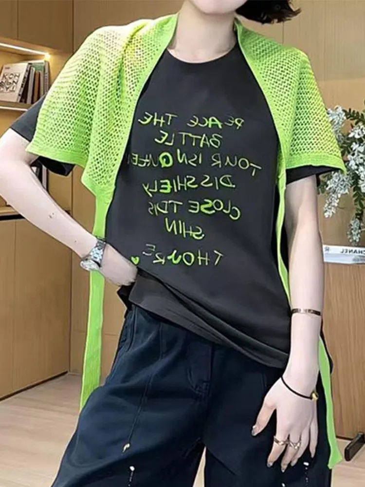 

Korean Style Fashionable Knitted Set Women's Spring 2026 Loose Letter round Neck Short Sleeve T-Shirt with Shawl Two-Piece Suit